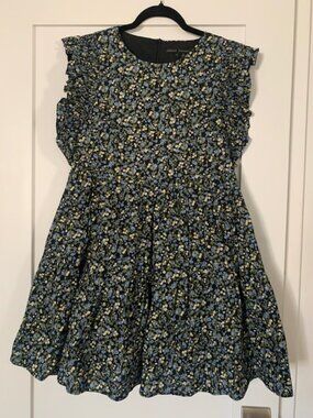 English Factory Floral Boho Dress Small | Cottagecore Green Blue Mini Dress Ruff